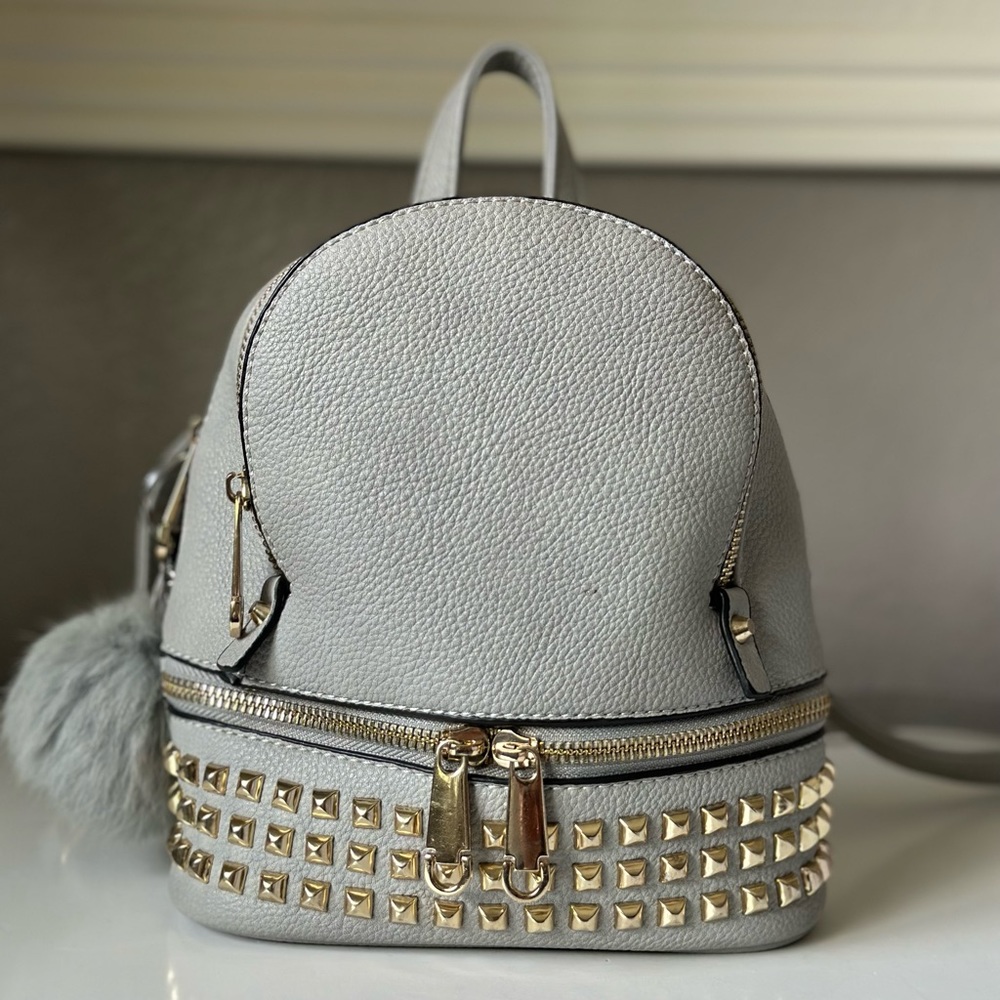 Mini Backpack With Faux Leather Golden Studded & Zipper